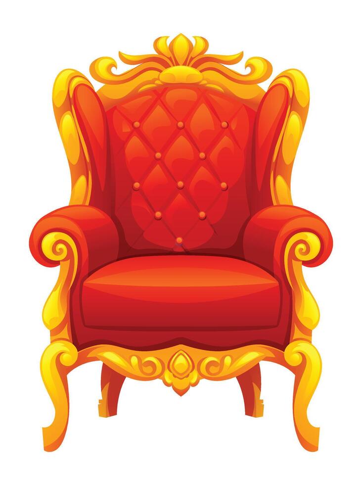 Classic red and gold royal throne chair with ornate backrest and curved legs. Cartoon illustration vector