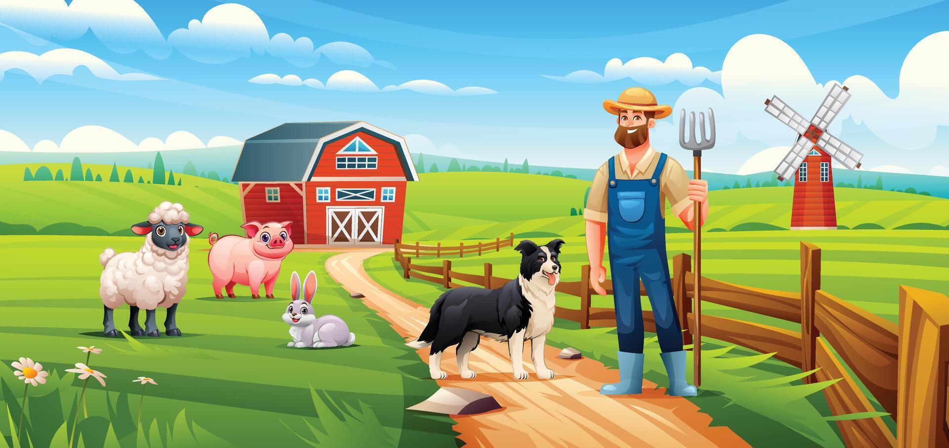 Farmer with dog, sheep, pig, and rabbit near barn on green meadow with windmill. Cartoon illustration vector