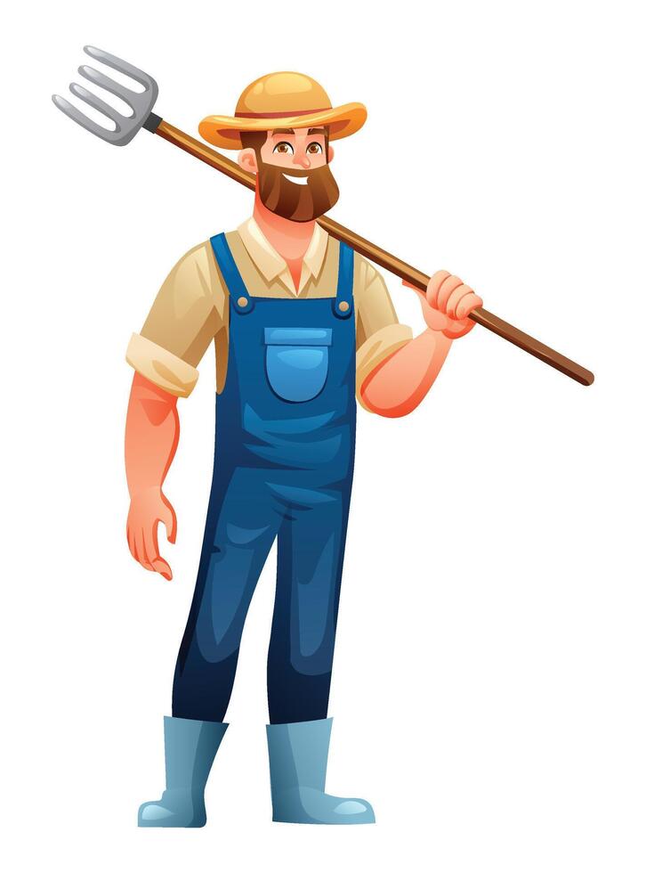 Happy male farmer with beard holding a pitchfork over shoulder in blue overalls and boots. Cartoon illustration vector