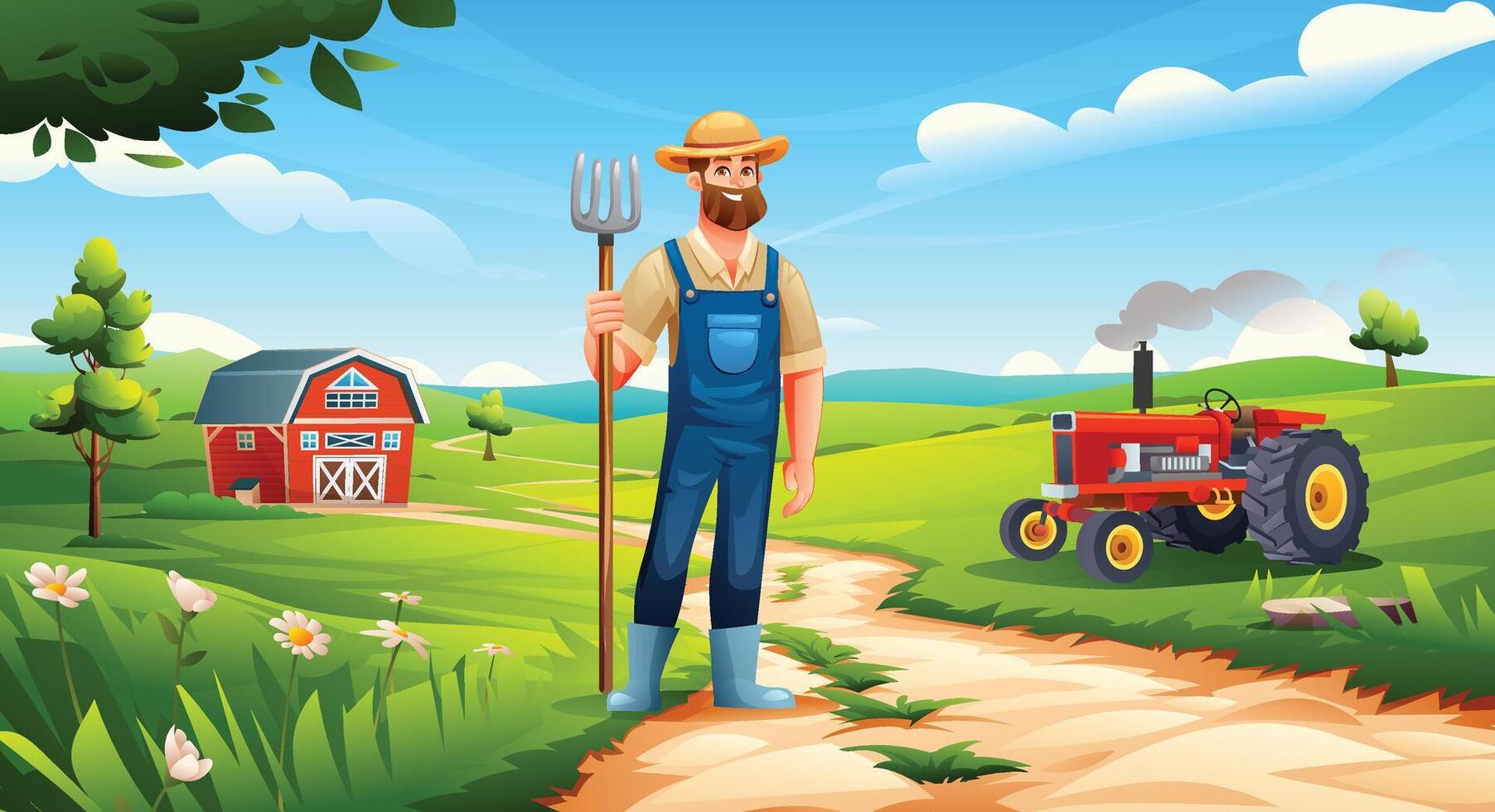 Bearded male farmer holding pitchfork next to red tractor in open green farmland. Cartoon illustration vector