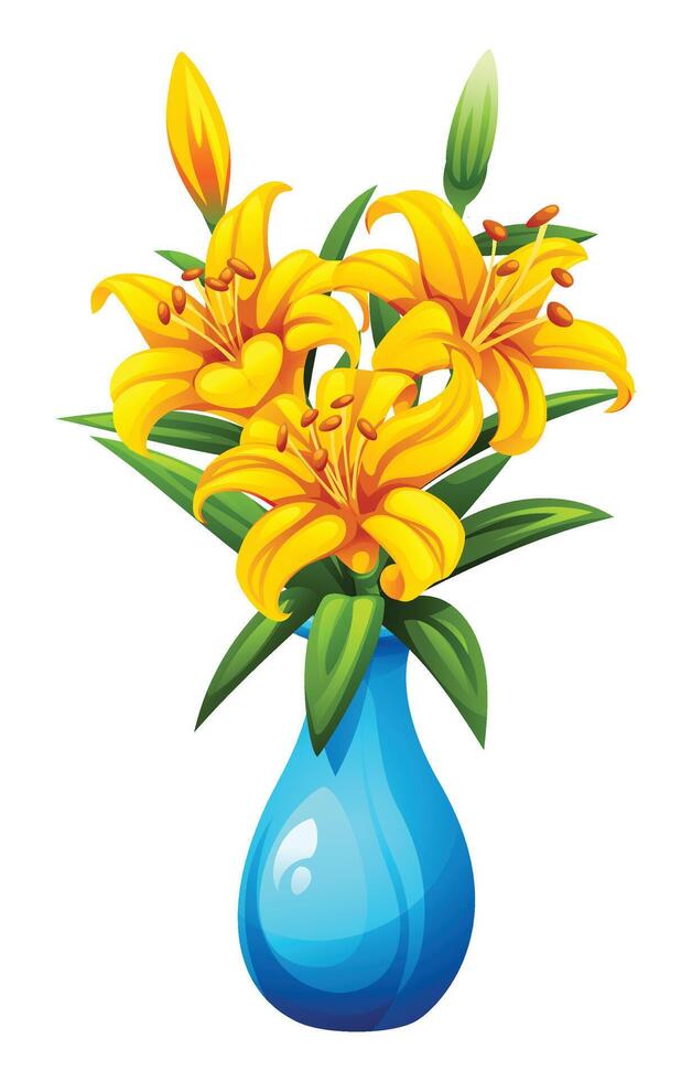 Bright yellow lily bouquet in elegant blue vase with leaves and buds. Cartoon illustration vector