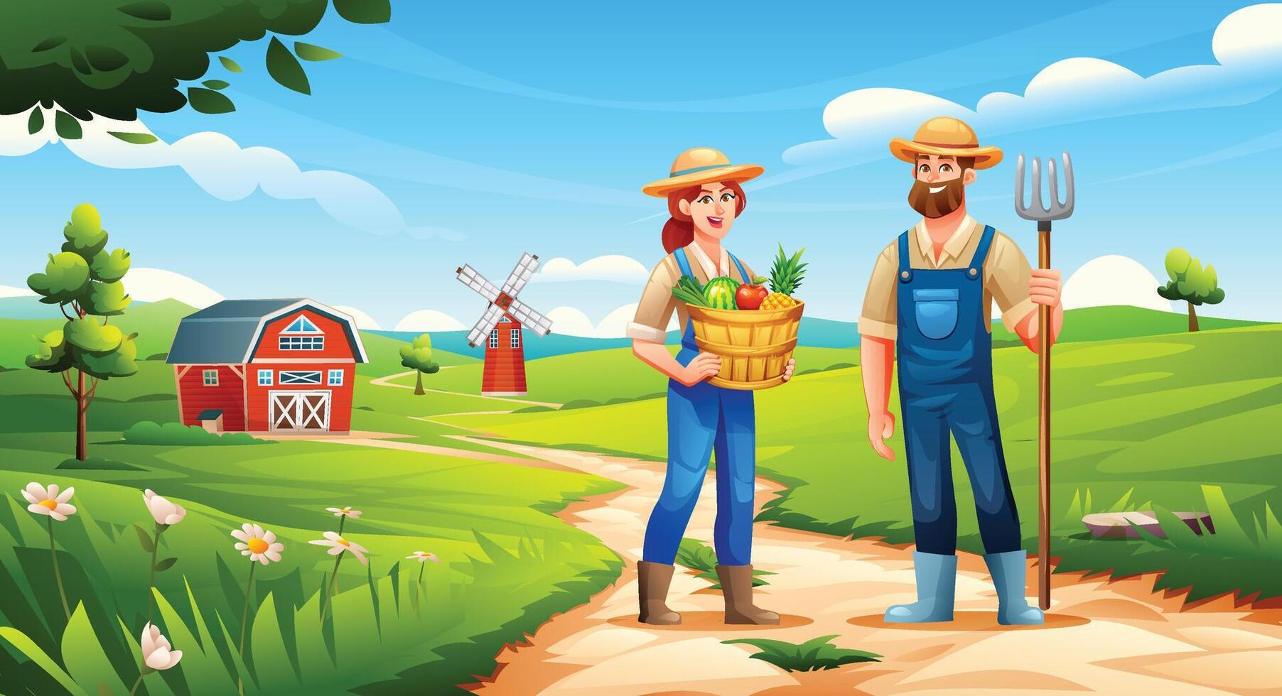 Male and female farmers with pitchfork and vegetable basket standing on farm path. Cartoon illustration vector
