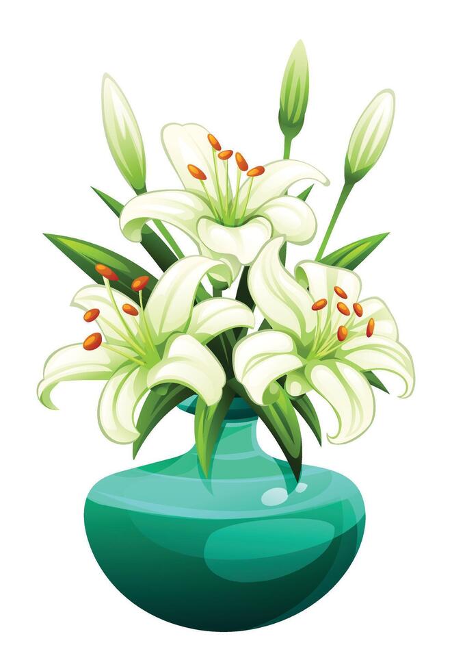 White lily bouquet in teal vase with green leaves and buds, on white background. Cartoon illustration vector