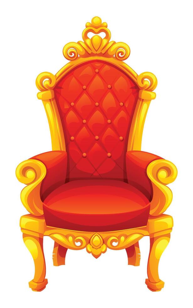 Golden throne chair with red cushion and intricate carvings. Cartoon illustration vector