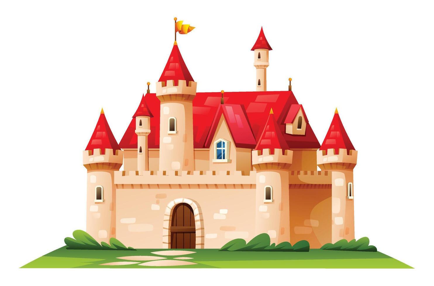 Fantasy castle with red towers and detailed windows in fairytale style. Cartoon illustration vector