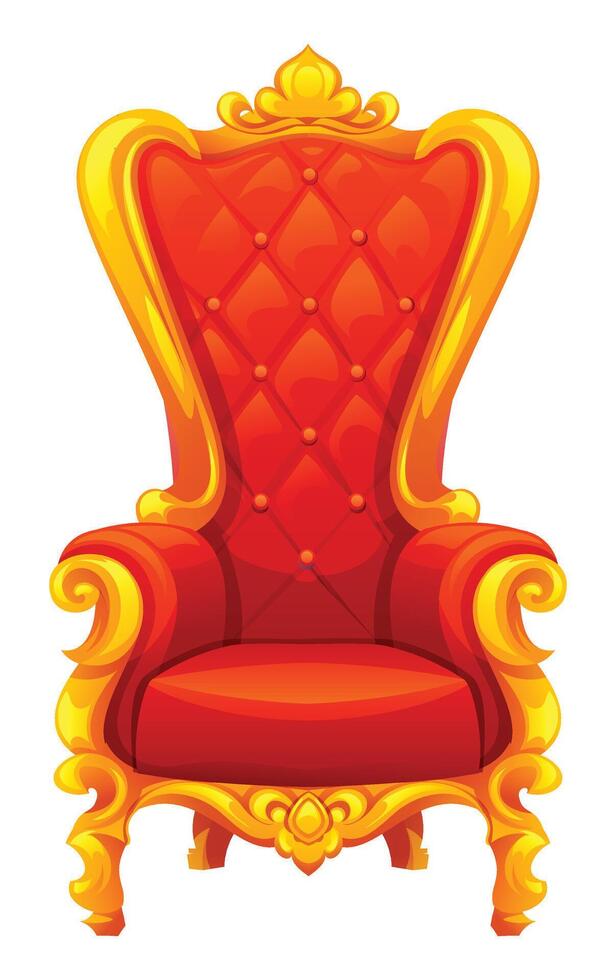 Golden throne chair with red cushion, wide arms and tall backrest in vintage style. Cartoon illustration vector