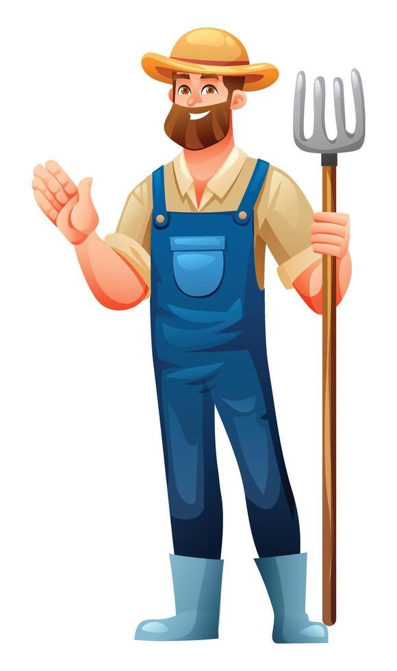 Bearded male farmer smiling and waving hand while holding a pitchfork in blue overalls. Cartoon illustration vector