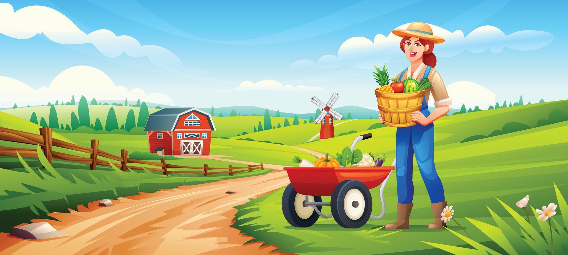 Female farmer holding basket of vegetables beside cart on a sunny farm. Cartoon illustration vector