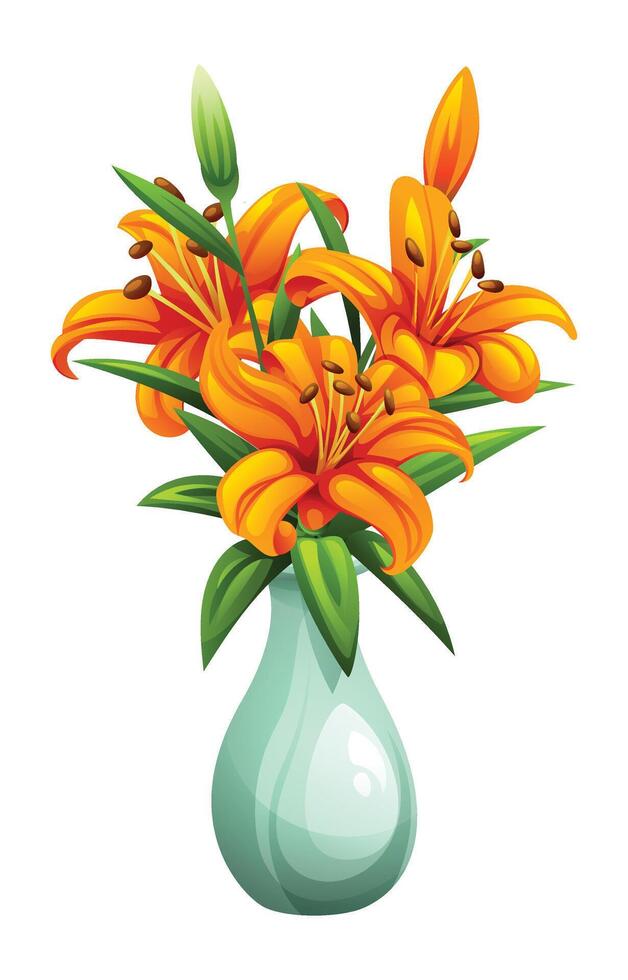 Orange lilies in light green vase with detailed petals and buds. Cartoon illustration vector