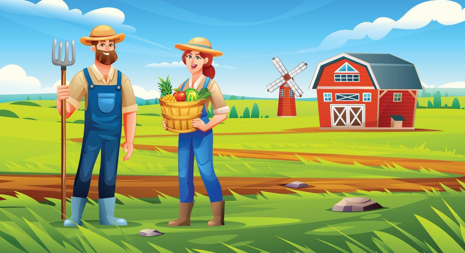 Male and female farmers with fresh harvest basket and pitchfork in green farm. Cartoon illustration vector