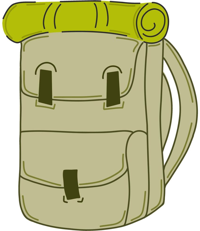 Tourist backpack in hand drawn, doodle style. Suitable for hiking, travel, camping designs. Simple green bag with rolled mat on white background vector