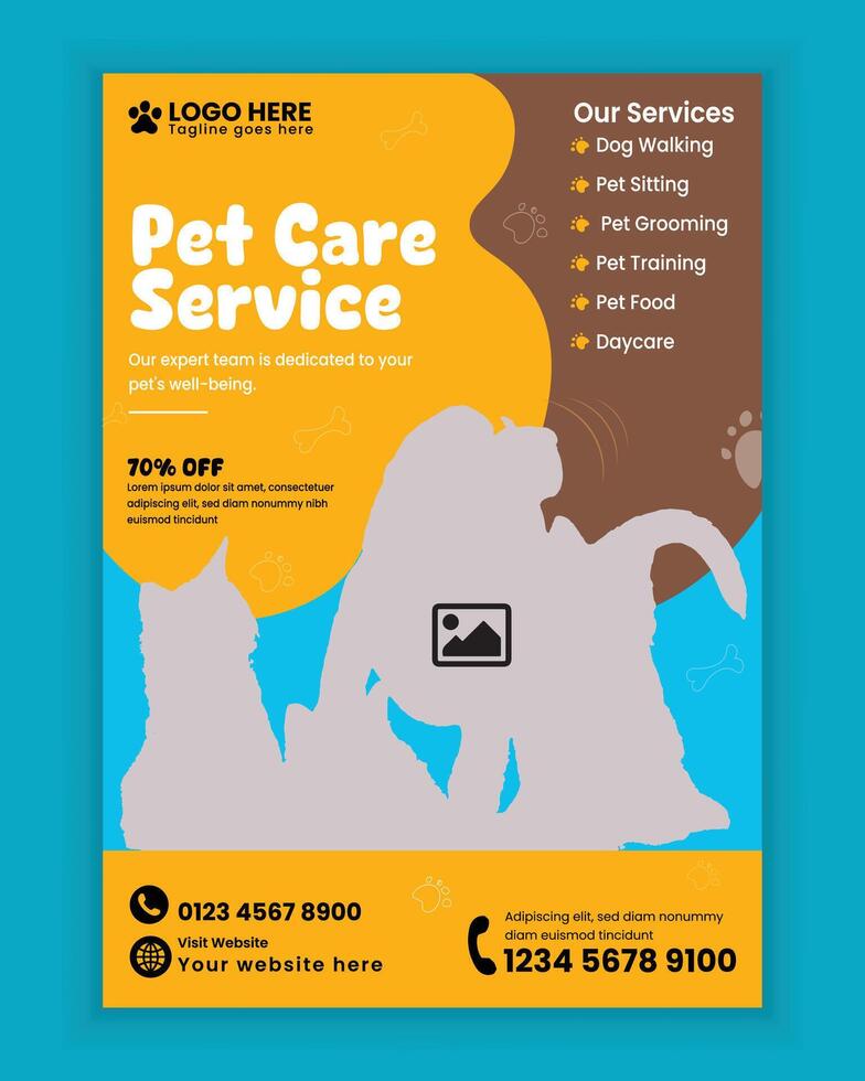 Pet care and grooming service center A4 size flyer design template or Pet business poster design, pet care training services leaflet, handbill, banner design vector