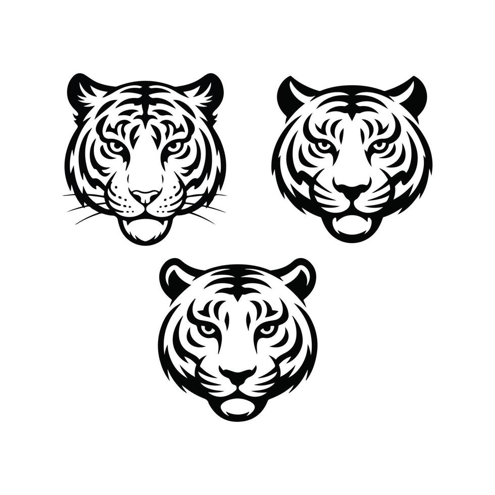 Set of tiger head face illustrations in black and white. Tiger head design on white background.Tiger set logo icon Silhouette of a tiger head isolated on white background. vector