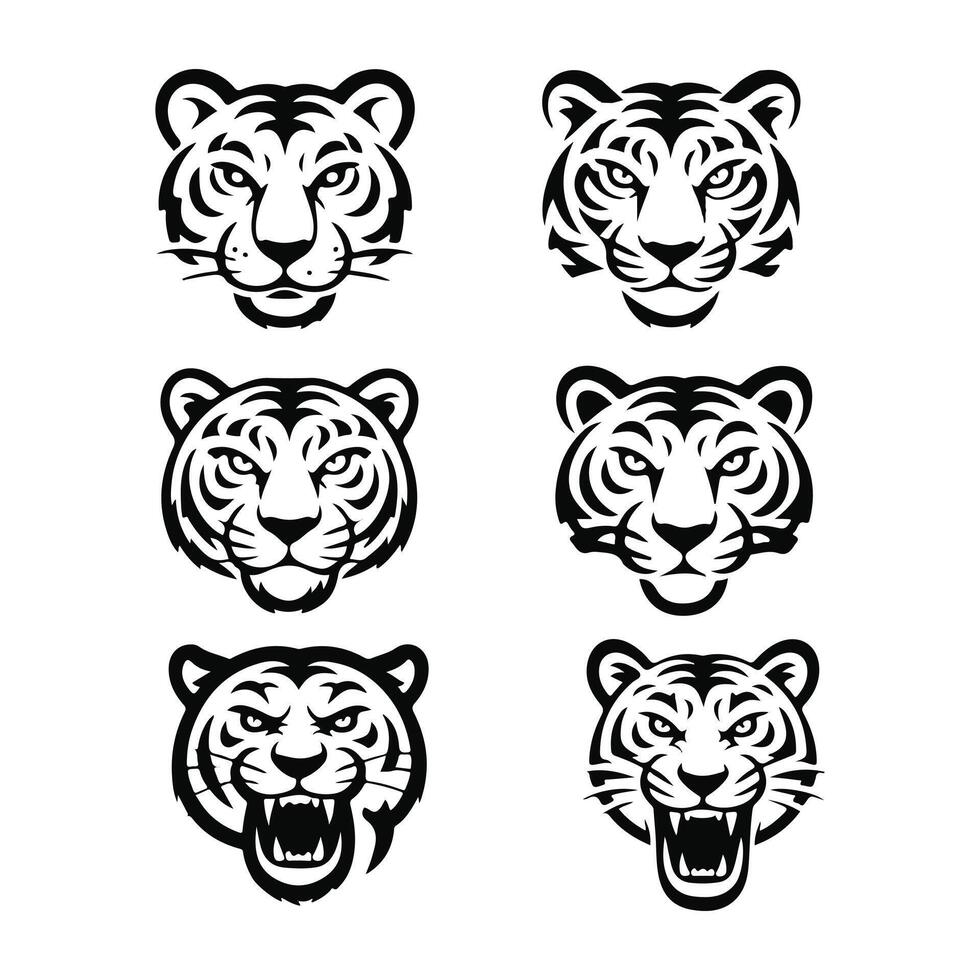 Tiger head set logo icon Silhouette of a tiger head isolated on white background. Set of tiger head illustrations in black and white. Tiger head design on white background. vector
