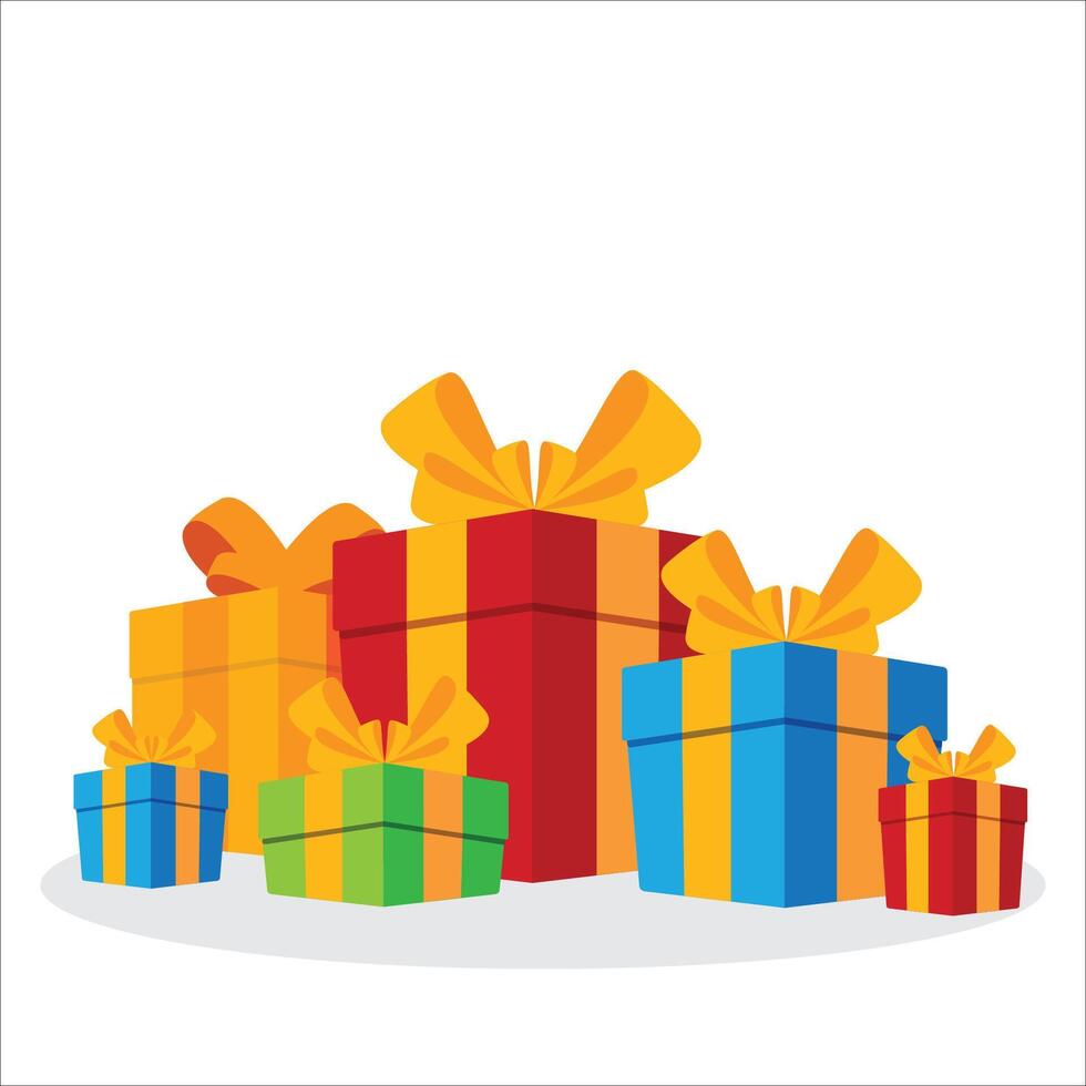 set of different gift boxes in trendy flat style isolated on white background, red orange blue and green boxes stock illustration vector