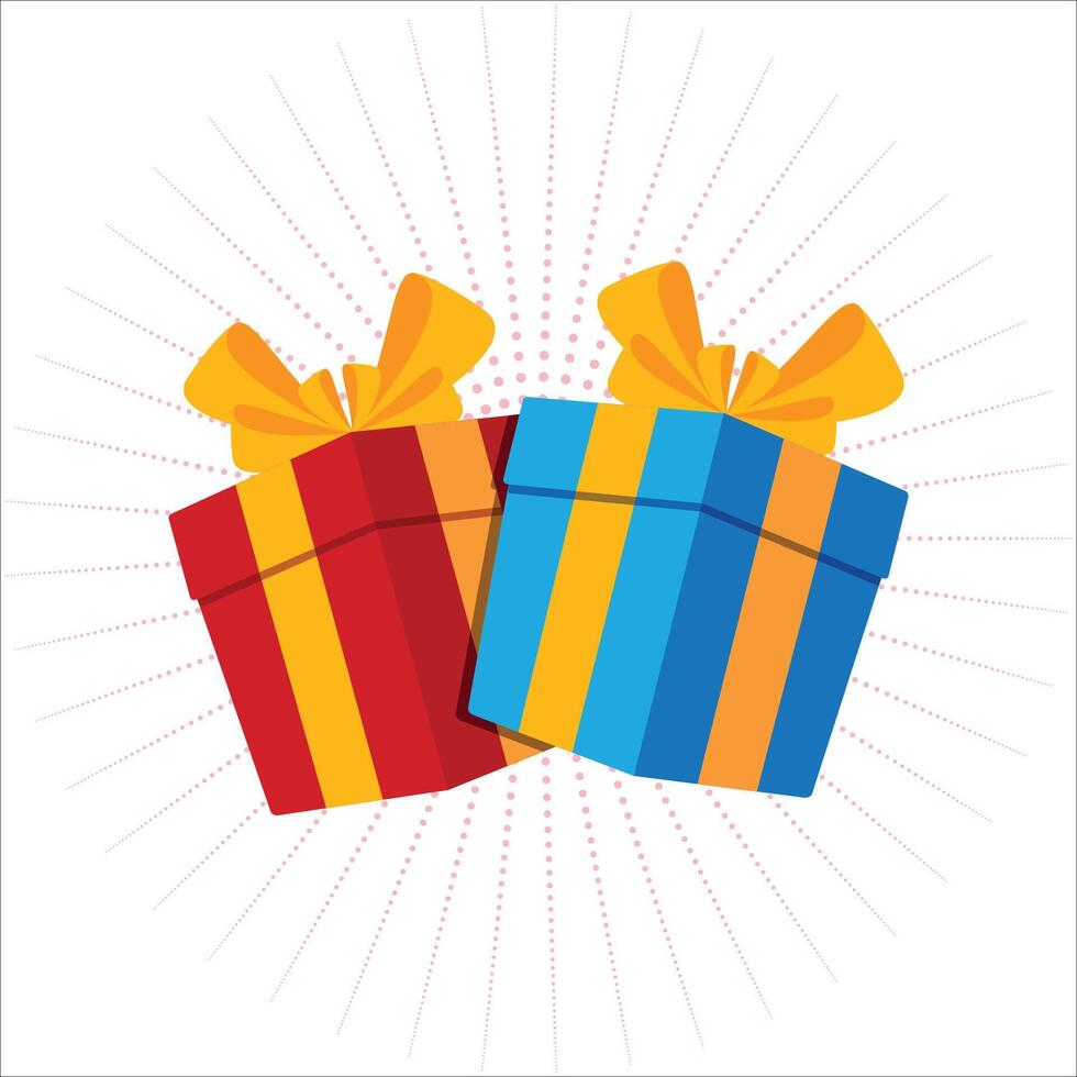 Gift boxes two present boxes with dotted sunburst effect background. Surprise in the box. illustration stock illustration vector