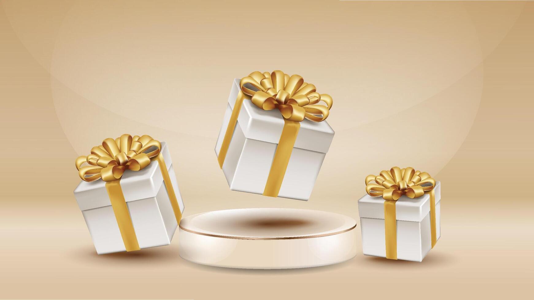 product podium with golden ribbon wrapped gifts 3d realistic design illustration vector
