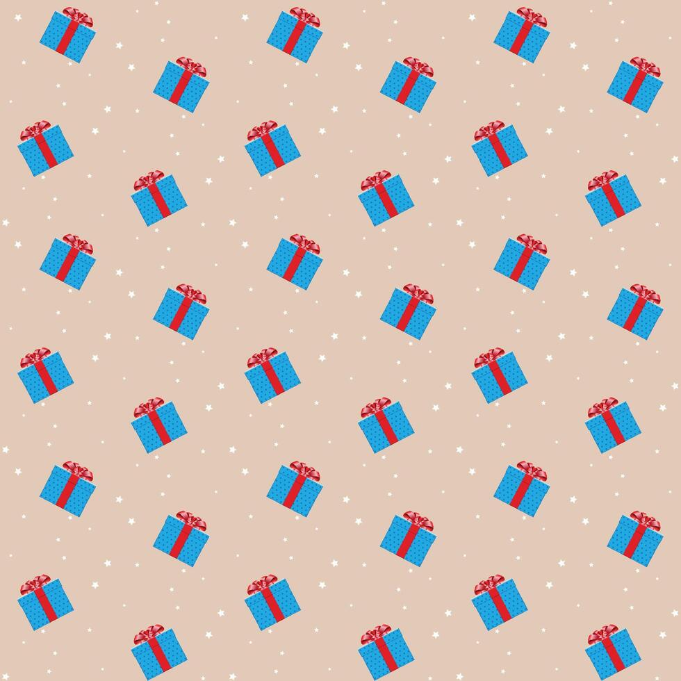 Light blue Gift boxes with golden red seamless pattern on light background vector