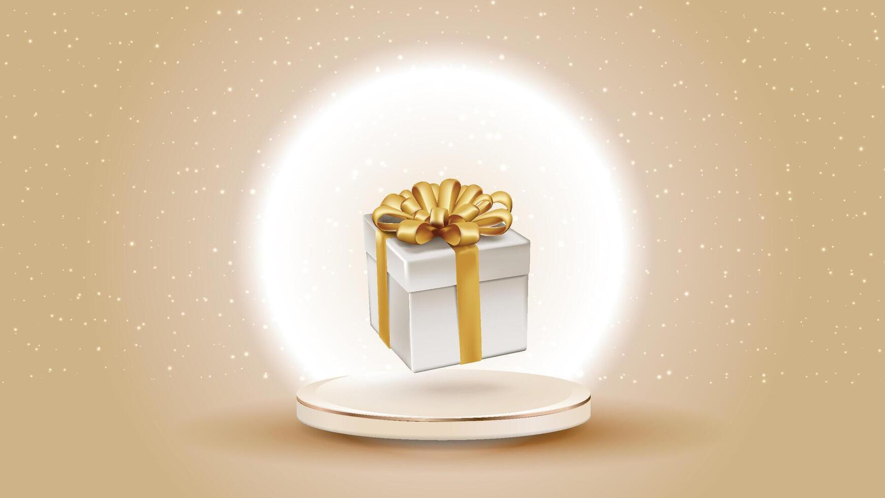 Gift wrapped with golden ribbon on product podium, sparkle in background golden elements realistic design vector