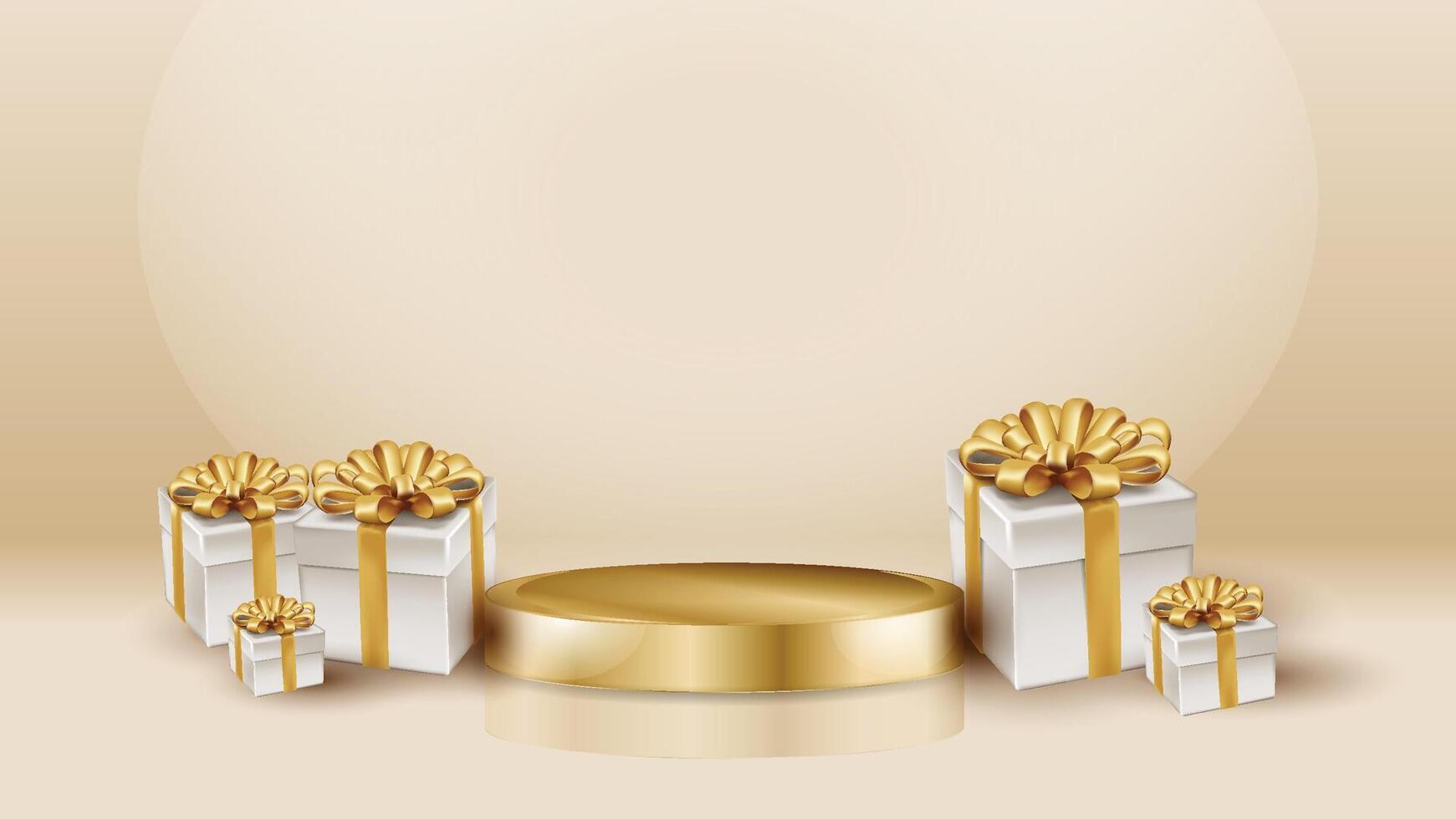Gifts wrapped with golden ribbon placed with product podium happy christmas and new year background vector
