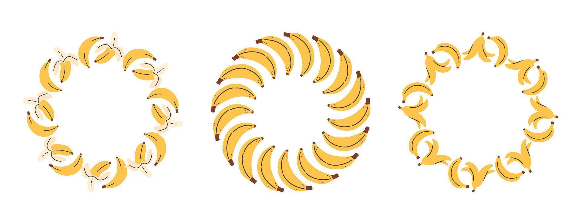 Fruit frame set. Banana design template, copy space. Cute hand drawn fruits round frame in doodle style. Circular template. Hand drawn fruits circle border. vector