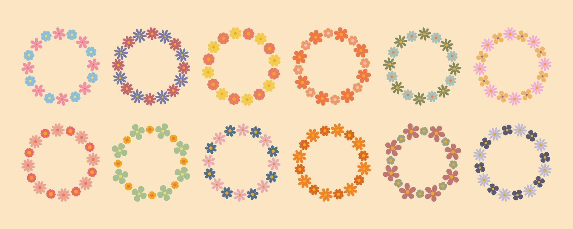 Groovy hand drawn flower circle frame set. Floral simple circle frame. Hand drawn botanical round border, laurel, wreath with flowers illustration for wedding invitation, card, logo vector