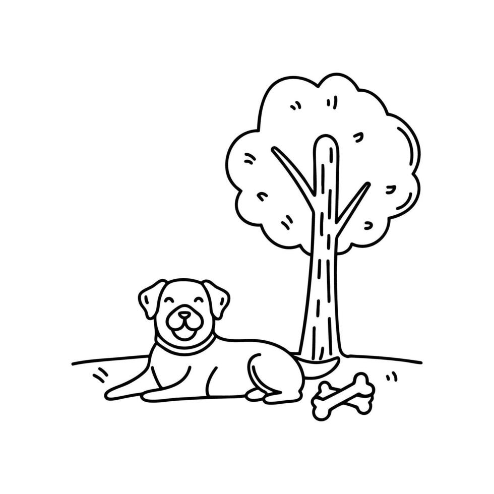 Rottweiler resting under a tree beside a bone vector
