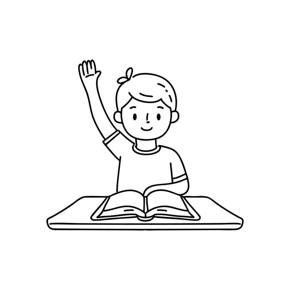 Child raising hand in classroom with open book on desk vector