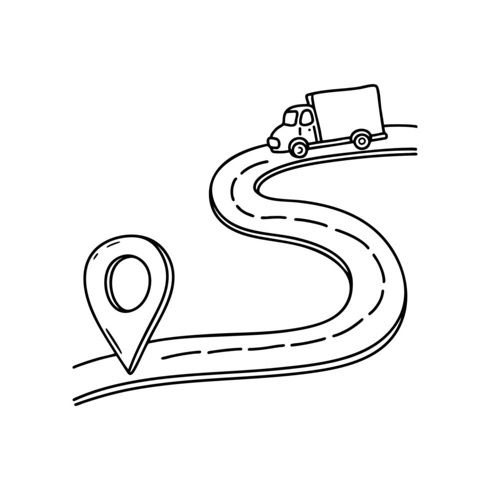 Delivery truck driving along a winding route on a road map vector