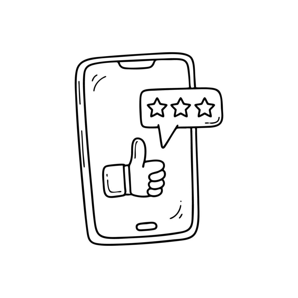 Smartphone showing rate screen with thumbs up icon below 5 rate stars vector