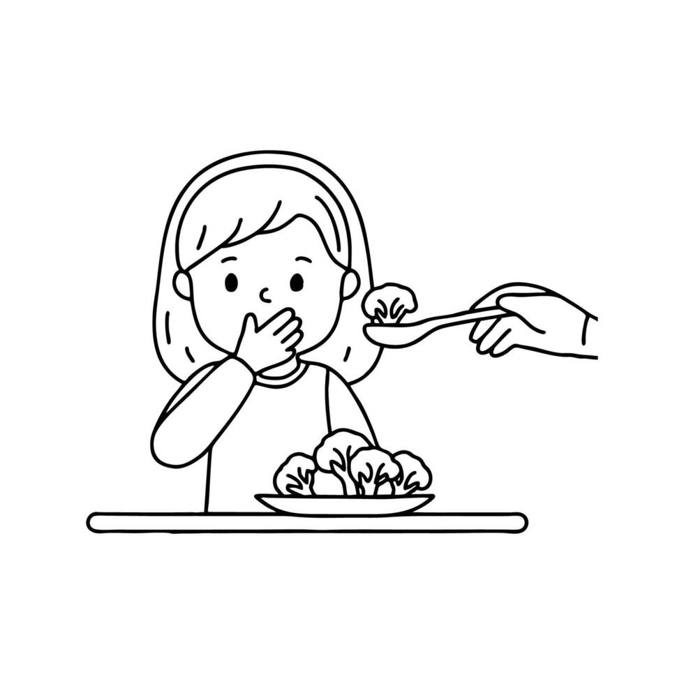 Child refusing to eat broccoli by covering mouth with hand while food spoon is near vector