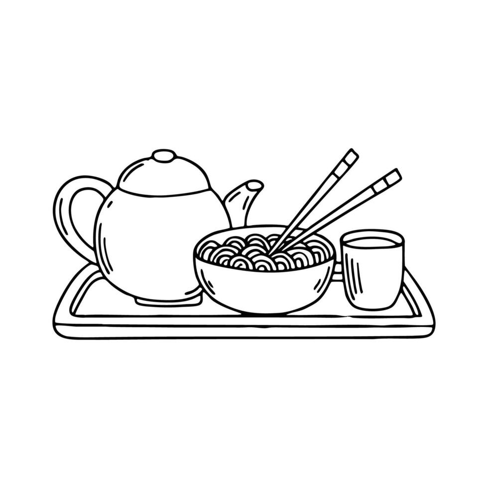 Ramen served on a tray with green tea and napkin vector