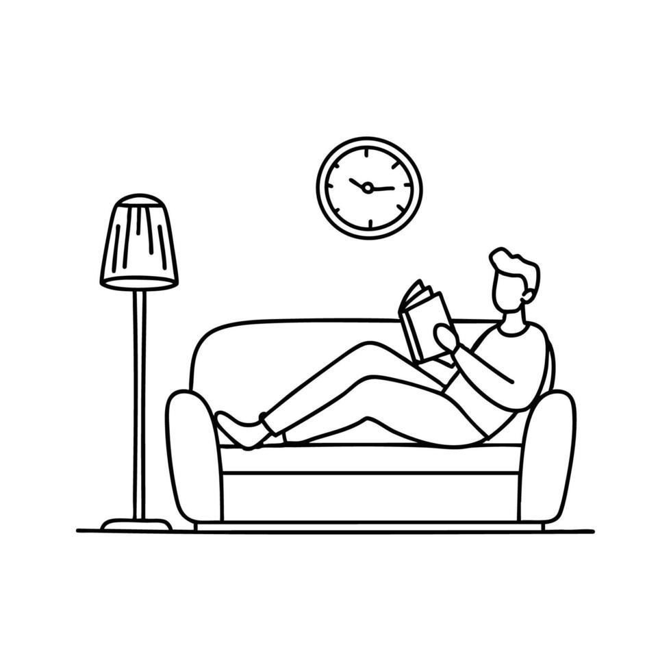 Person lounging on a couch with a book and soft lighting, relaxing mind vector