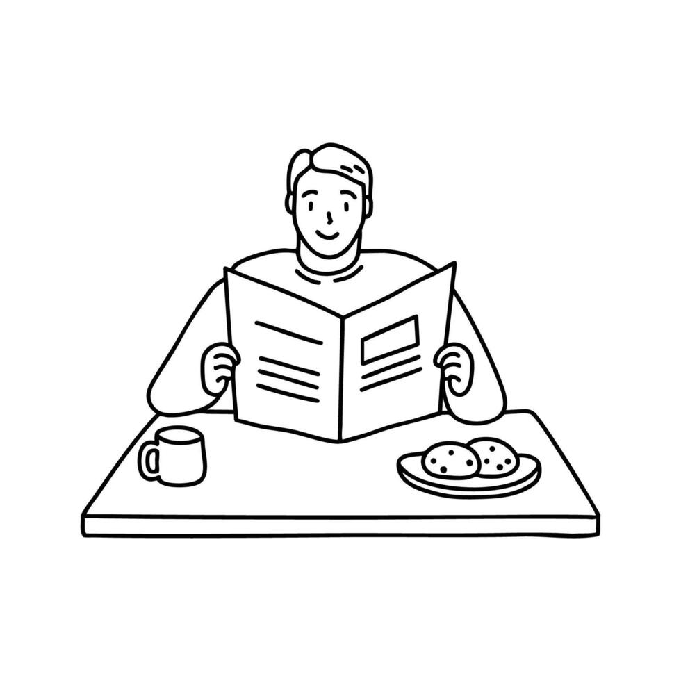 Man reading a newspaper at a coffee table with cookies vector