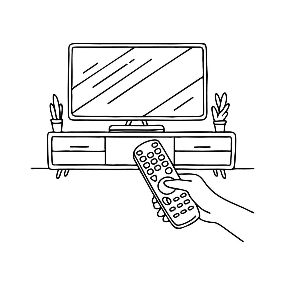 Hand holding a TV remote, clicking through channels in a living room vector