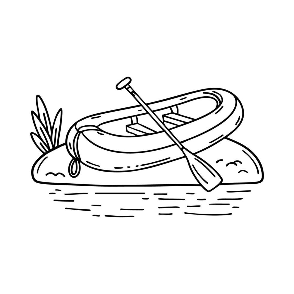Raft with paddle resting on the sand at the edge of a shallow stream vector