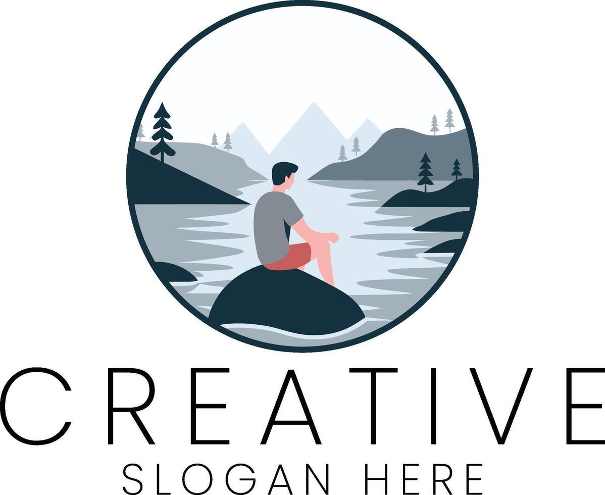 Serene Mountain Lake Scene Man Relaxing Peaceful Nature sky calm view icon blue gray vector