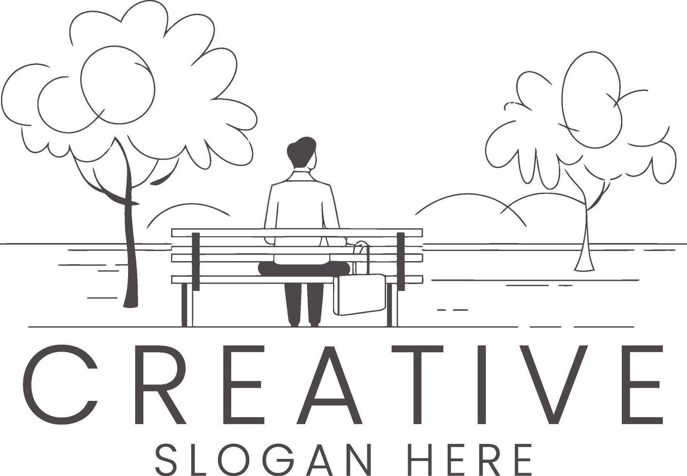 Relaxing Man Sitting Park Bench Peaceful Trees Nature calm rest line grey alone clean vector