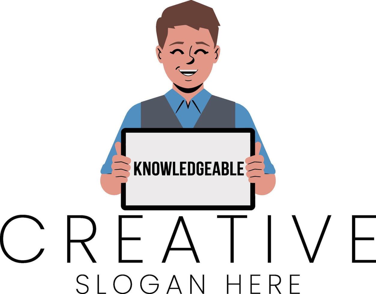 Smiling Man Holding Tablet Knowledgeable Creative Design flat icon happy style clean vector