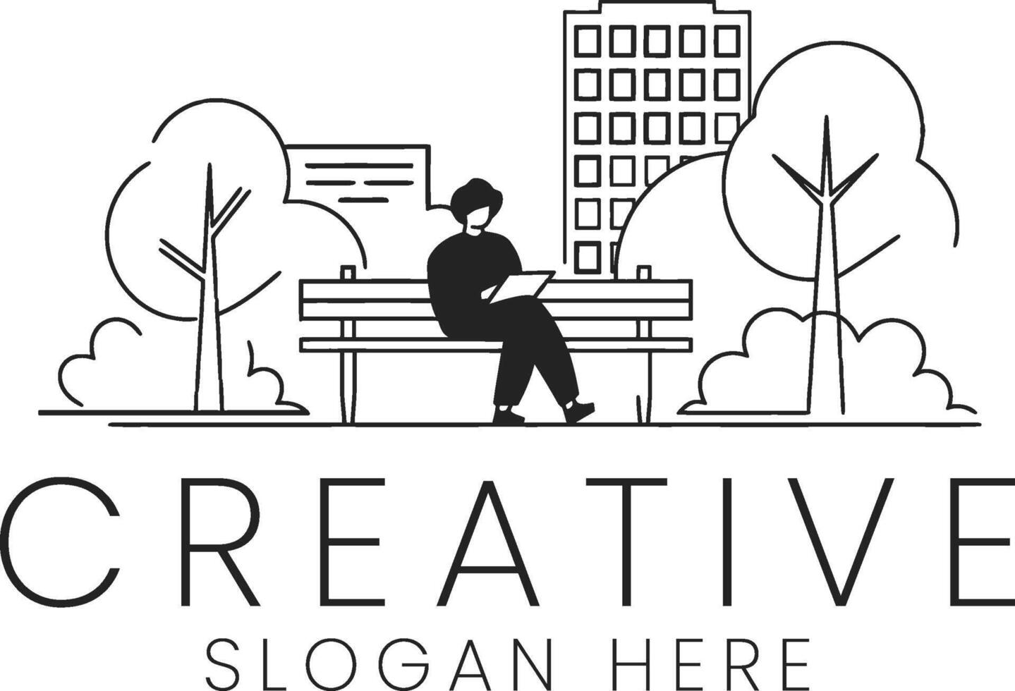 Person Working Laptop Park Bench City Modern Design Illustration art line flat icon trees vector