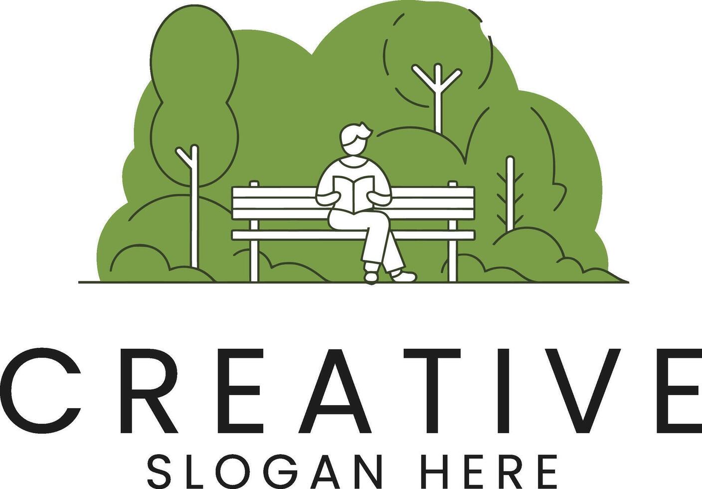 Relaxing Man Reading Book on Park Bench Green Nature art calm line flat icon vector