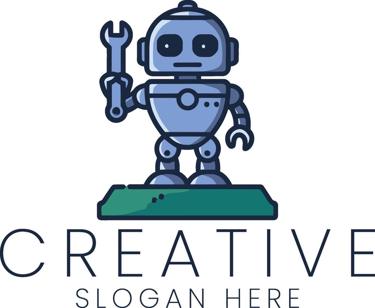 Cute Robot Mechanic Holding Wrench Digital Art Illustration AI Design Gadget Future vector