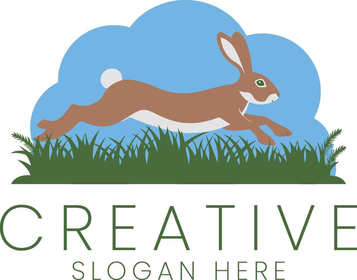 Brown Hare Leaping Across Green Grass Field Blue Sky Nature Design Fast Icon Happy Rabbit vector