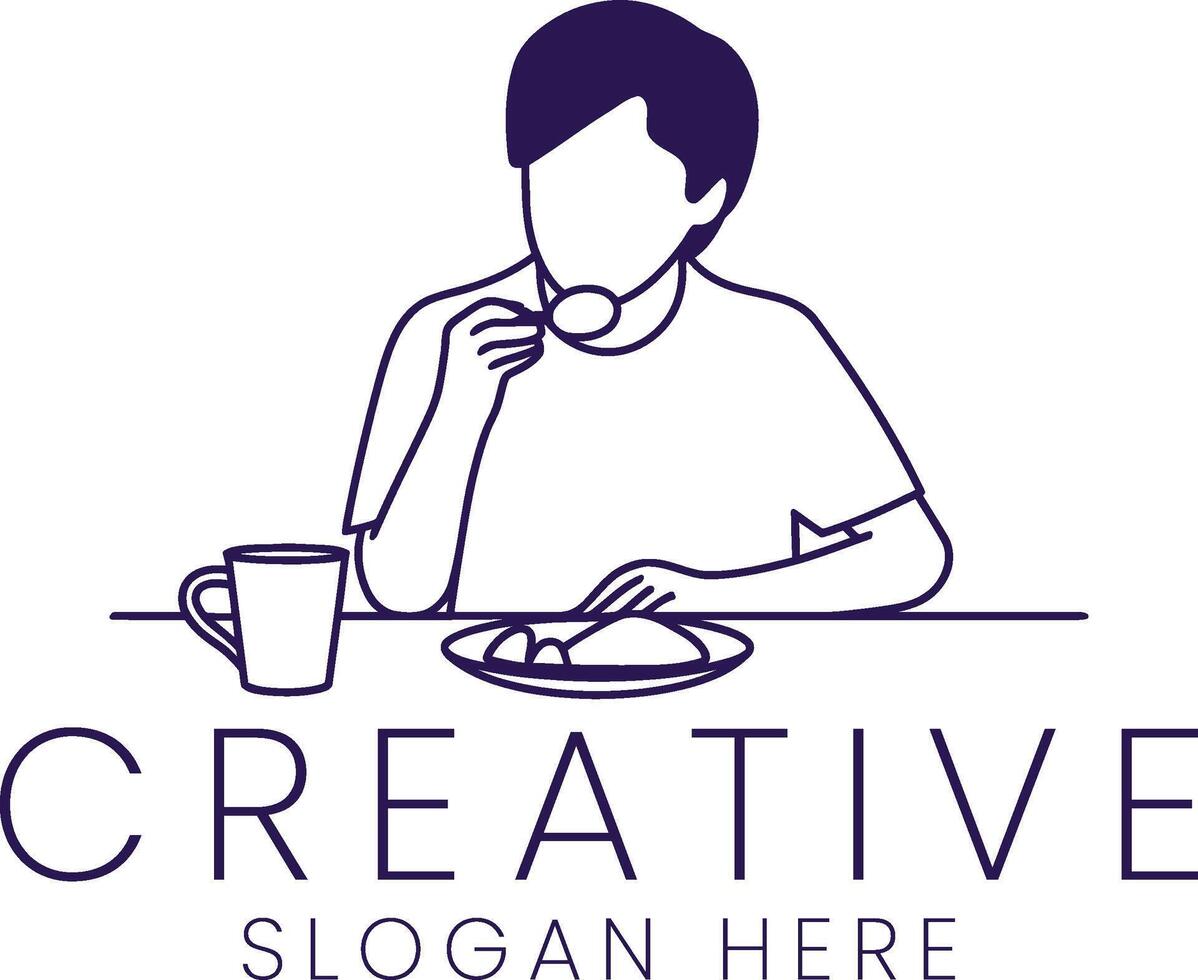 Person Enjoying Breakfast Simple Line Art Minimalist Design Illustration Cup Food Meal Icon vector