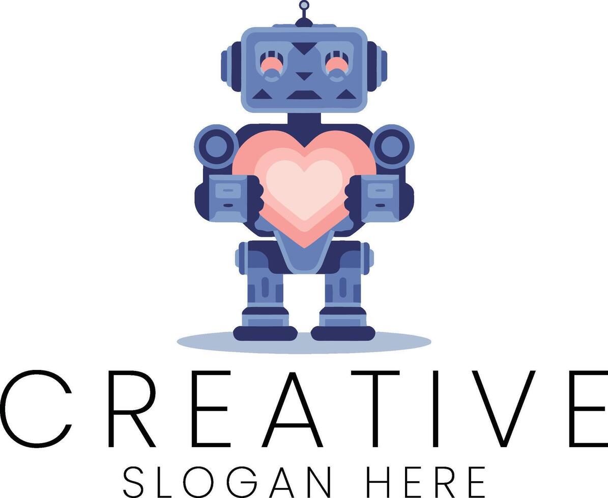 Cute Robot Holding Heart Lovely AI Digital Art Design icon pink blue flat care kind vector