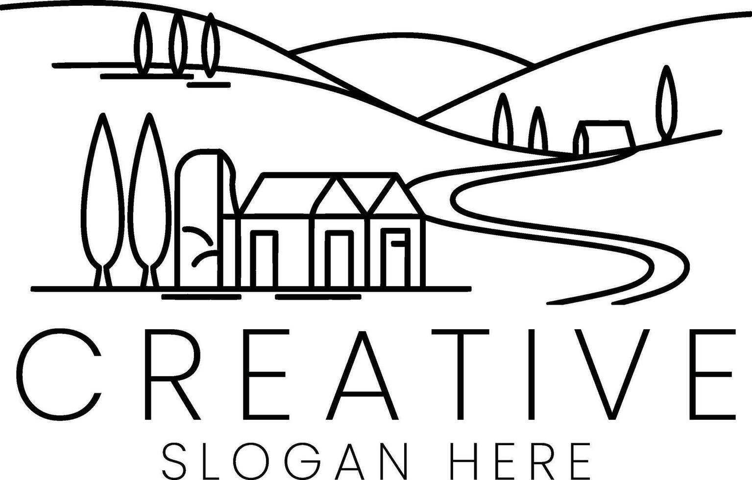 Elegant Minimalist House Rural Landscape Line Art Design path road calm home hills vector