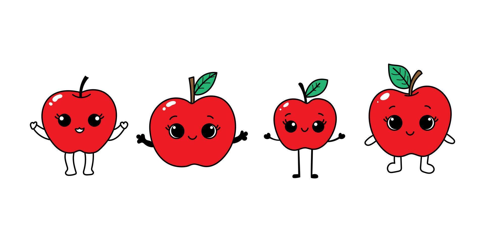 A set of four red apples with eyes and faces vector