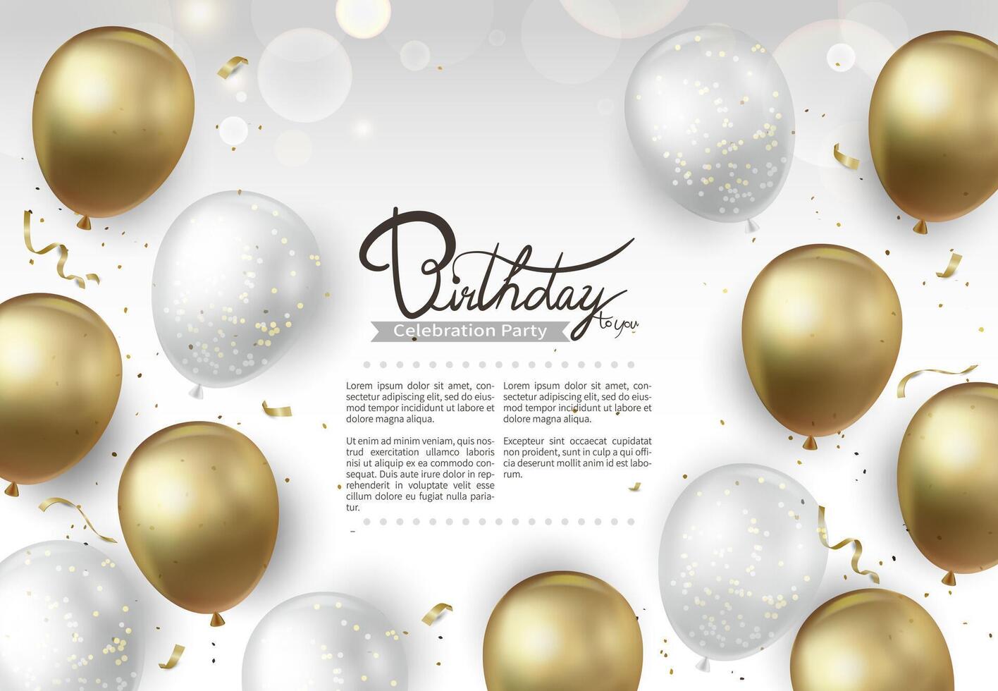 Gold and white balloons on white background with the word Happy Birthday in the middle vector
