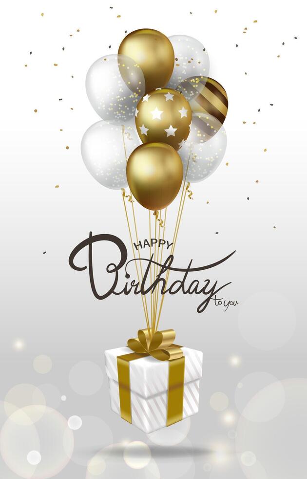 A white happy birthday card with a bunch of gold and white balloons and a gift box in the middle vector