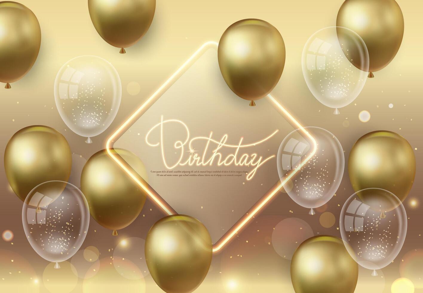 Birthday card with a golden background, a diamond border and Happy Birthday in the middle, and golden and transparent balloons vector